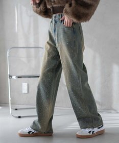 WEGO ラインストーンストレートデニムパンツ