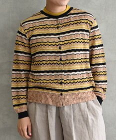 muuc 〈高品質シルク100%〉〈通年着られる〉袖リブあり シェルボタン使用 透かしレース編み シルクマルチボーダーカーディガン