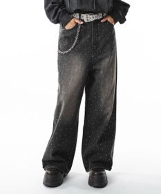 WEGO 【ユニセックス着用ITEM】スーパーバギーラインストーンデニムパンツ
