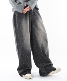WEGO 【ユニセックス着用ITEM】スーパーバギーラインストーンデニムパンツ