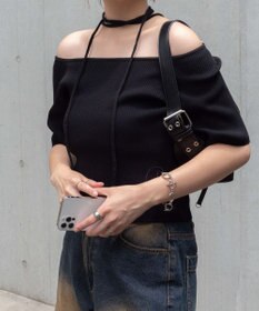 WEGO チョーカーリボン付きオフショルニット