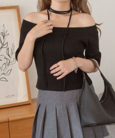 WEGO チョーカーリボン付きオフショルニット