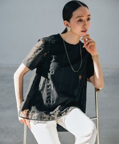 23区 シアーチェックレイヤード フレア Tブラウス ブラック系
