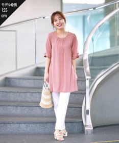 Tiaclasse L 【洗える】シアーチェックリボン袖チュニックブラウス