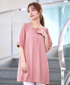 Tiaclasse L 【洗える】シアーチェックリボン袖チュニックブラウス