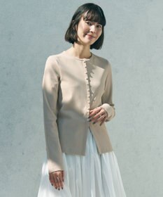 UNFILO ドライタッチリブ カーディガン ベージュ×パールボタン