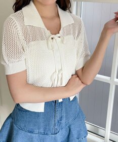 WEGO 襟付きリボンメッシュショートカーデ