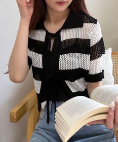 WEGO 襟付きリボンメッシュショートカーデ