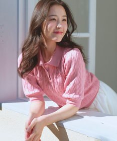 Feroux 胸元刺繍ケーブルポロ ニット