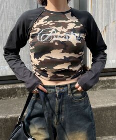 WEGO ラインストーンサイドドロストラグランロンT