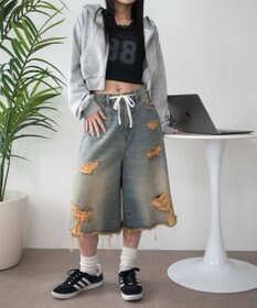 WEGO 【SMサイズ展開】ヴィンテージウォッシュダメージバギーハーフパンツ