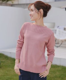 Tiaclasse 綿混リブ使いボートネックニットプルオーバー