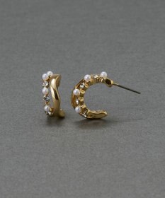 Phoebe 〈金属アレルギー対応〉ダブルラインパールビジューフープピアス　ホワイト/ニッケルフリー