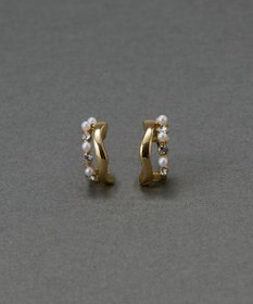 Phoebe 〈金属アレルギー対応〉ダブルラインパールビジューフープピアス　ホワイト/ニッケルフリー