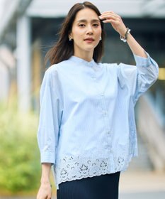 自由区 エンブロイダリーブロードバンドカラー ブラウス サックス×オフ