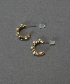 Phoebe 〈金属アレルギー対応〉ダブルラインパールビジューフープピアス　ホワイト/ニッケルフリー