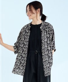 ICB 【人気のため新色追加・接触冷感・UVケア・速乾・洗える】BackSatinAmunzen 5分袖バンドカラーブラウス チャコール×トープ柄系