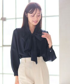 Feroux 【新色追加・洗える】ボリューム リボンタイ ブラウス ネイビー系