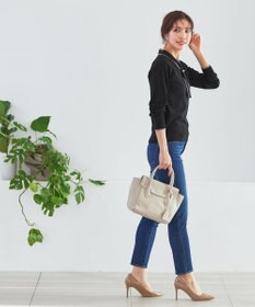 Tiaclasse 【洗える】パール付き配色ボウタイニットトップス