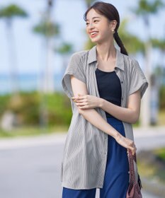 Tiaclasse L 【洗える】フレンチスリーブシャツチュニックブラウス