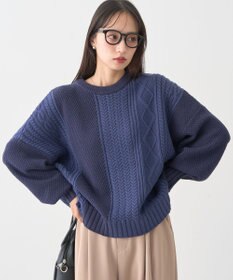 earth music&ecology 【洗濯機洗い可】アンチピリングC/Aパッチワークケーブルニット