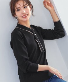 Tiaclasse 【洗える】パール付き配色ボウタイニットトップス