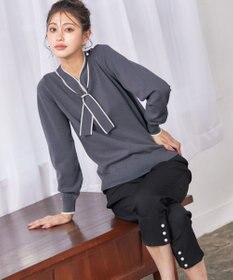 Tiaclasse 【洗える】パール付き配色ボウタイニットトップス