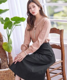 Tiaclasse 【洗える】パール付き配色ボウタイニットトップス