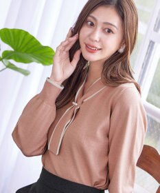 Tiaclasse 【洗える】パール付き配色ボウタイニットトップス