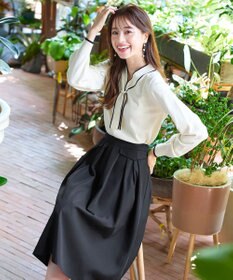 Tiaclasse 【洗える】パール付き配色ボウタイニットトップス