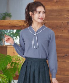 Tiaclasse 【洗える】パール付き配色ボウタイニットトップス