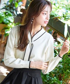 Tiaclasse 【洗える】パール付き配色ボウタイニットトップス