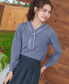 Tiaclasse 【洗える】パール付き配色ボウタイニットトップス