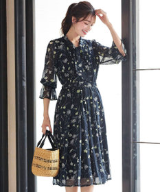 Tiaclasse L 【洗える】程良い透け感のプリントボウタイワンピース