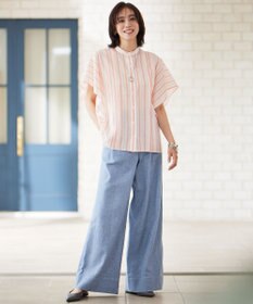 自由区 【洗える】コットンリネンシャンブレーワイドストレート パンツ