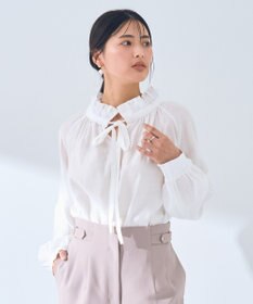 YECCA VECCA スタンドカラーシアーリボンブラウス