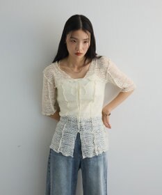 Green Parks カットワークデザインレース半袖トップス