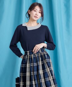 Tiaclasse 【洗える】配色衿ビジュー付きニットトップス