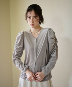#Newans 【洗濯機可／ 前後着用可】 ギャザースリーブシアーベロアカーディガン ライトグレー