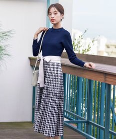 Tiaclasse 【洗える】千鳥柄ニットプリーツワンピース