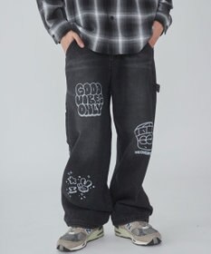 WEGO 【ウエスト紐で調整】イージーペインターグラフィックデニムパンツ