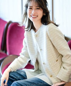 ANY SIS L ノーカラーフリンジツイード ジャケット