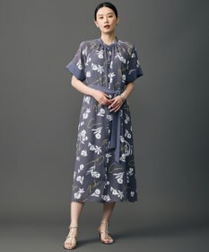 自由区 L 【1枚でサマになる・お出掛け】カリグラフィーフラワープリントバンドカラー ワンピース