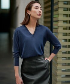 ICB L 【洗える】コンパクトファインウール Vネックニット ブルーグレー×ミディアムグレー系