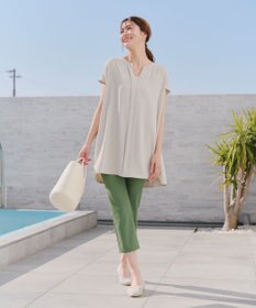 Tiaclasse 【洗える】フレンチスリーブキーネックシャツチュニックブラウス