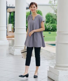 Tiaclasse 【洗える】フレンチスリーブキーネックシャツチュニックブラウス