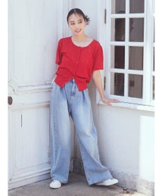 earth music&ecology リボン柄透かし編みニットカーディガン