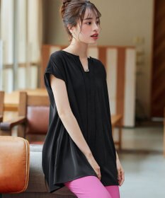 Tiaclasse 【洗える】フレンチスリーブキーネックシャツチュニックブラウス