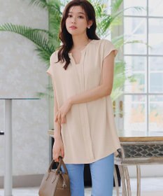 Tiaclasse 【洗える】フレンチスリーブキーネックシャツチュニックブラウス