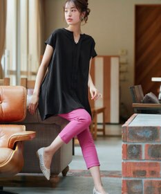 Tiaclasse 【洗える】フレンチスリーブキーネックシャツチュニックブラウス